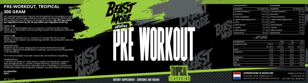BM Nutrition - Beast Mode Nutrition - Supplement - Pre Workout Tropical - omschrijving